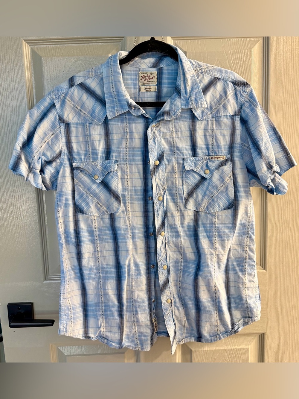 Lucky Brand Light Blue & White Plaid Short-Sleeve western style with snaps